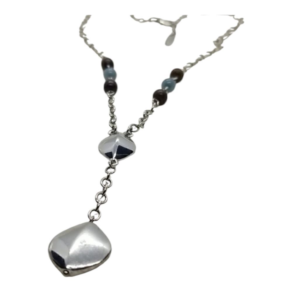 ALine Y Necklace Silver Drop Brown Blue Beaded Necklace